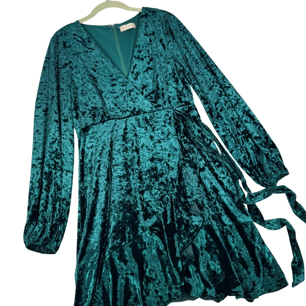 Altar'd State Dress Women L Green Crushed Velvet Faux Wrap Holiday BMD1300C Luxe
